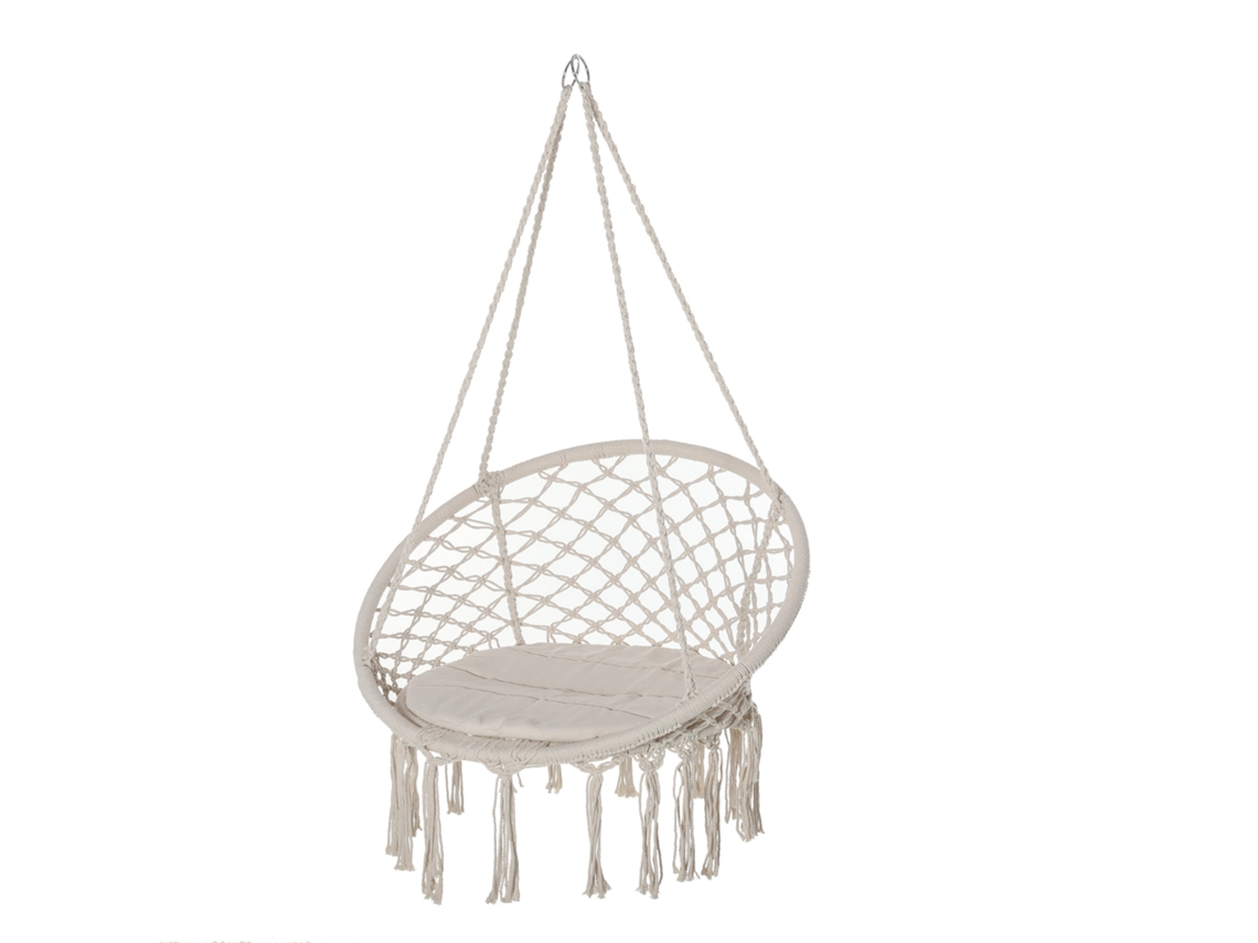 Cadeira Suspensa Redonda Ø60 Cm Cadeira de Rede de Balanço com Almofada e Corda de Algodão para Interior e Exterior 80x80x42 Cm Bege ESSÊNCIACASA