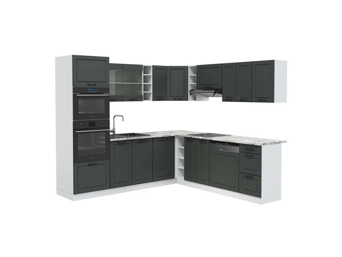 Cozinha de canto R-Line, 237 x 60 cm, Mármore PT, Casa de campo antracite/branco, VICCO