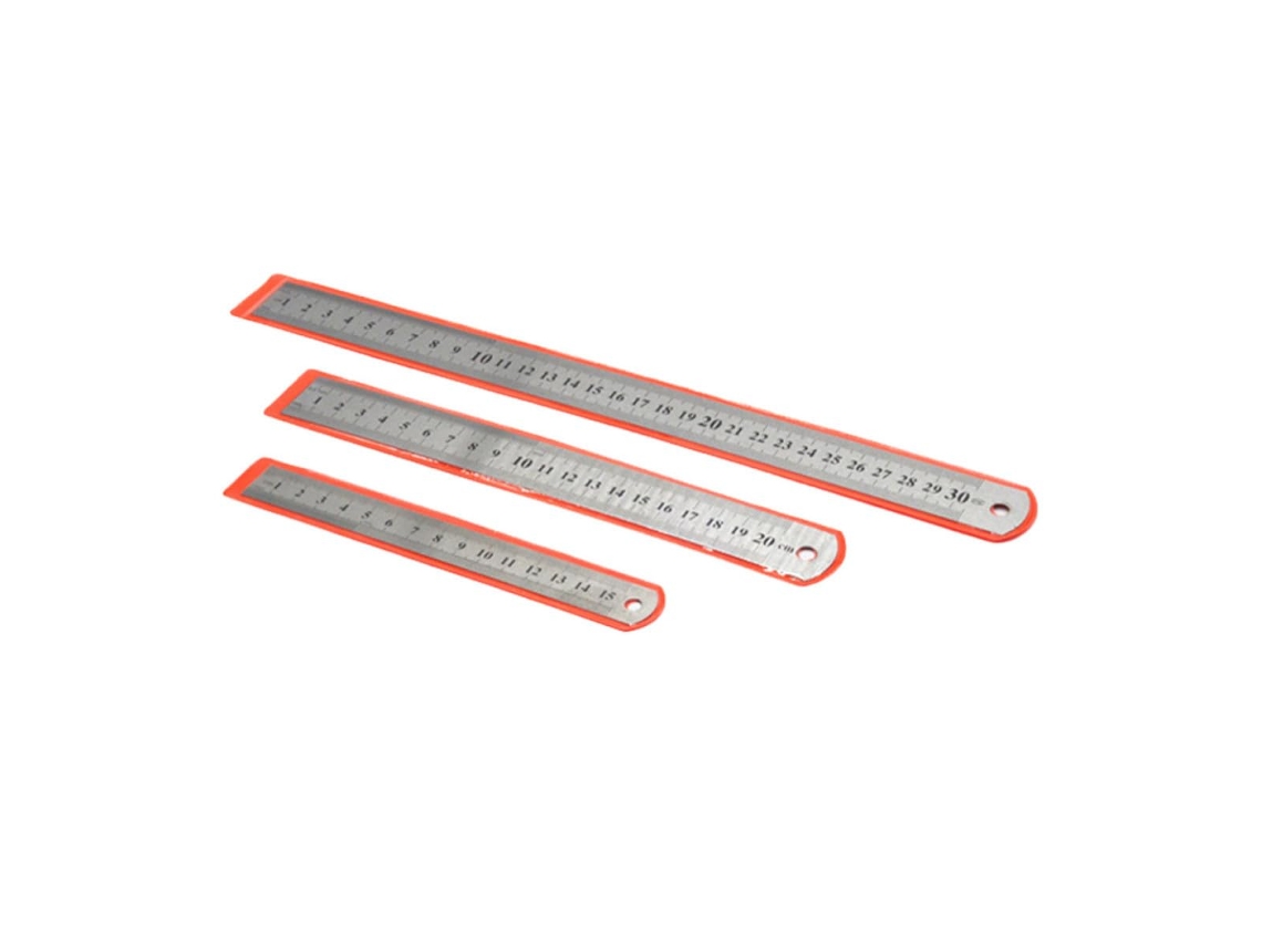 Conjunto de 3 réguas de aço inoxidável com escala dupla de 15 a 30 cm, ferramenta de medição precisa para estudantes e designers.
