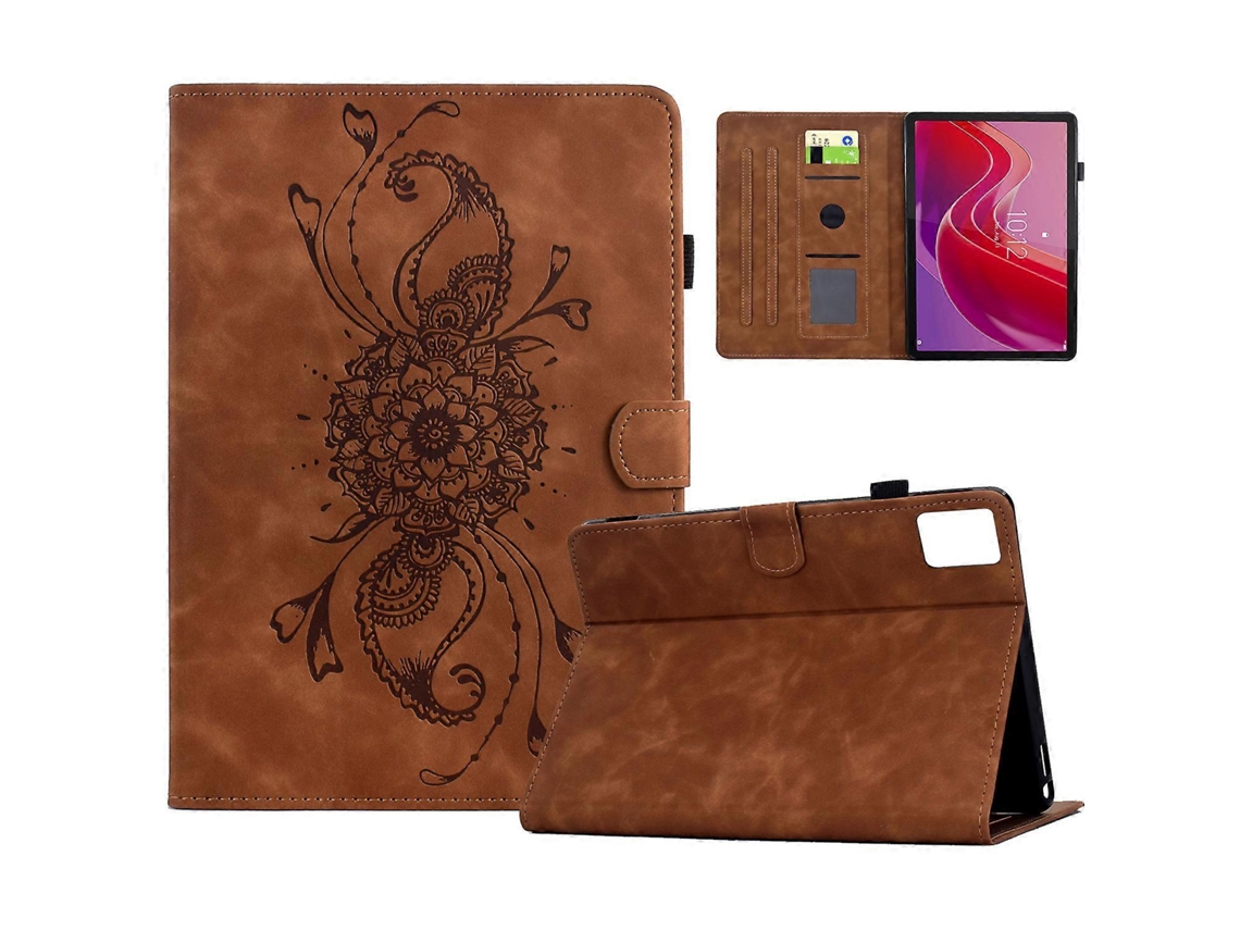 Capa de couro com padrão de mandala Hengrongshen e compartimentos para cartões para Lenovo Tab M11 Xiaoxin Pad 11 2024 marrom