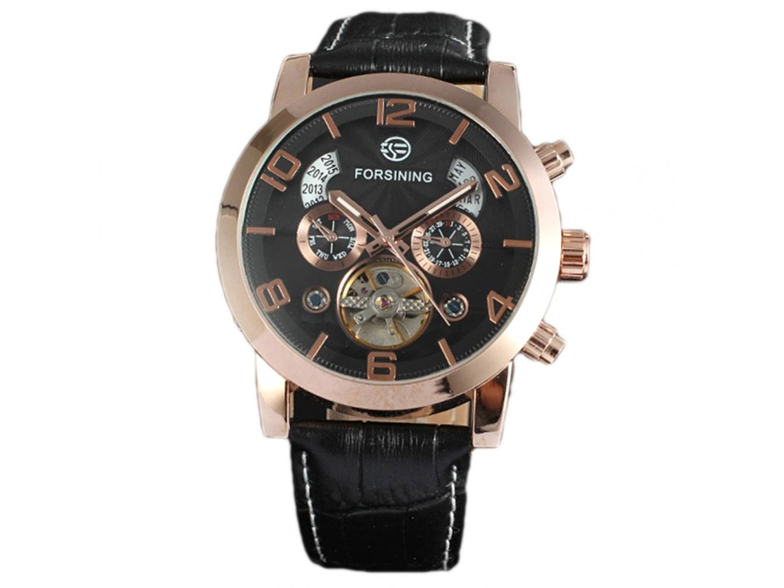 Relógio de negócios mecânico automático masculino Forsining Exquisite (preto + ouro rosa)