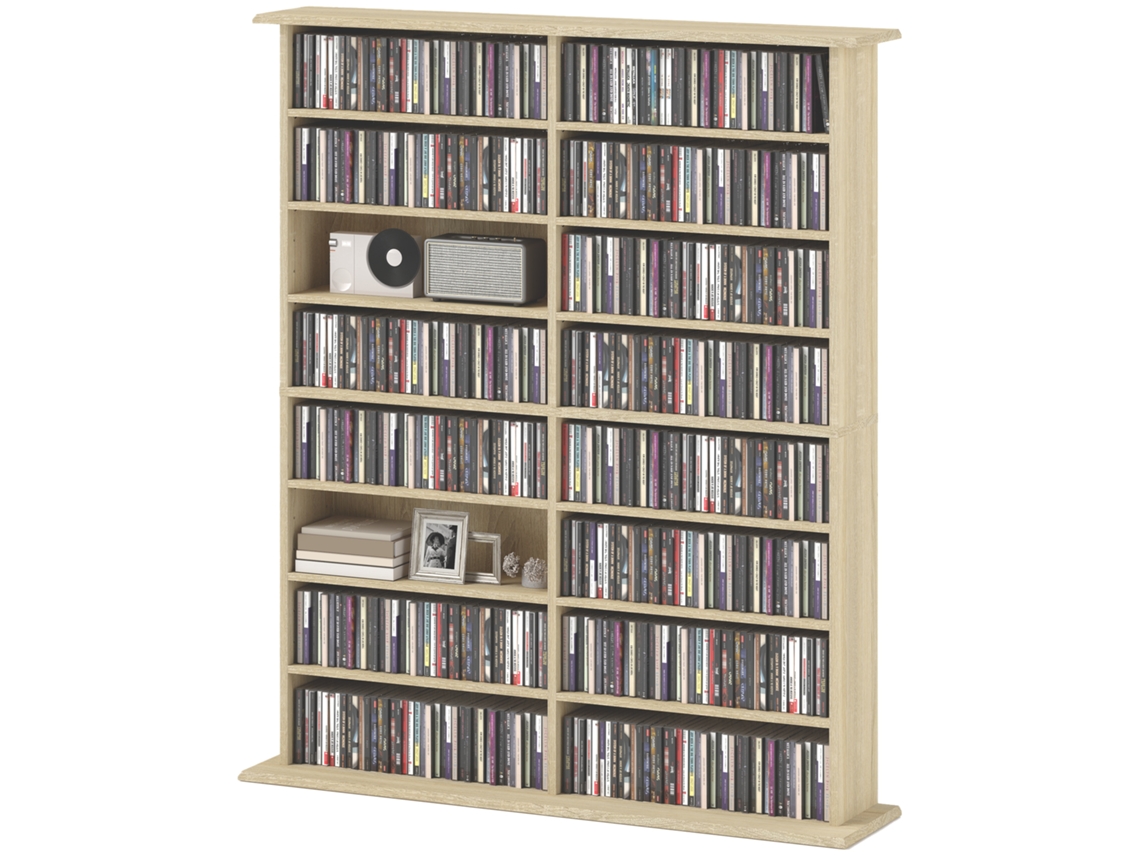 Armazenamento De Cds E Dvds Com 16 Compartimentos E 12 Prateleiras Ajustáveis, Capacidade Máxima De 720 Cd/396 Dvd E Blu-ray Natural