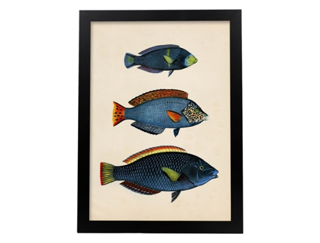 Póster NACNIC Perda de Três Peixes Azuis, com Fundo Amarelo, Verde e Vermelho em Papel Vintage