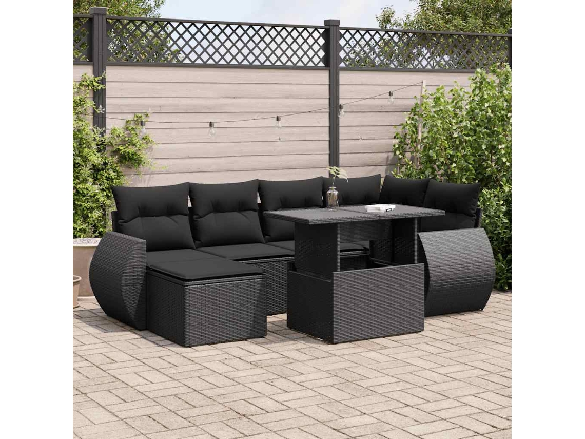 Vidaxl 7 Pcs Conjunto De Sofás P/ Jardim C/ Almofadões Vime Pe Preto