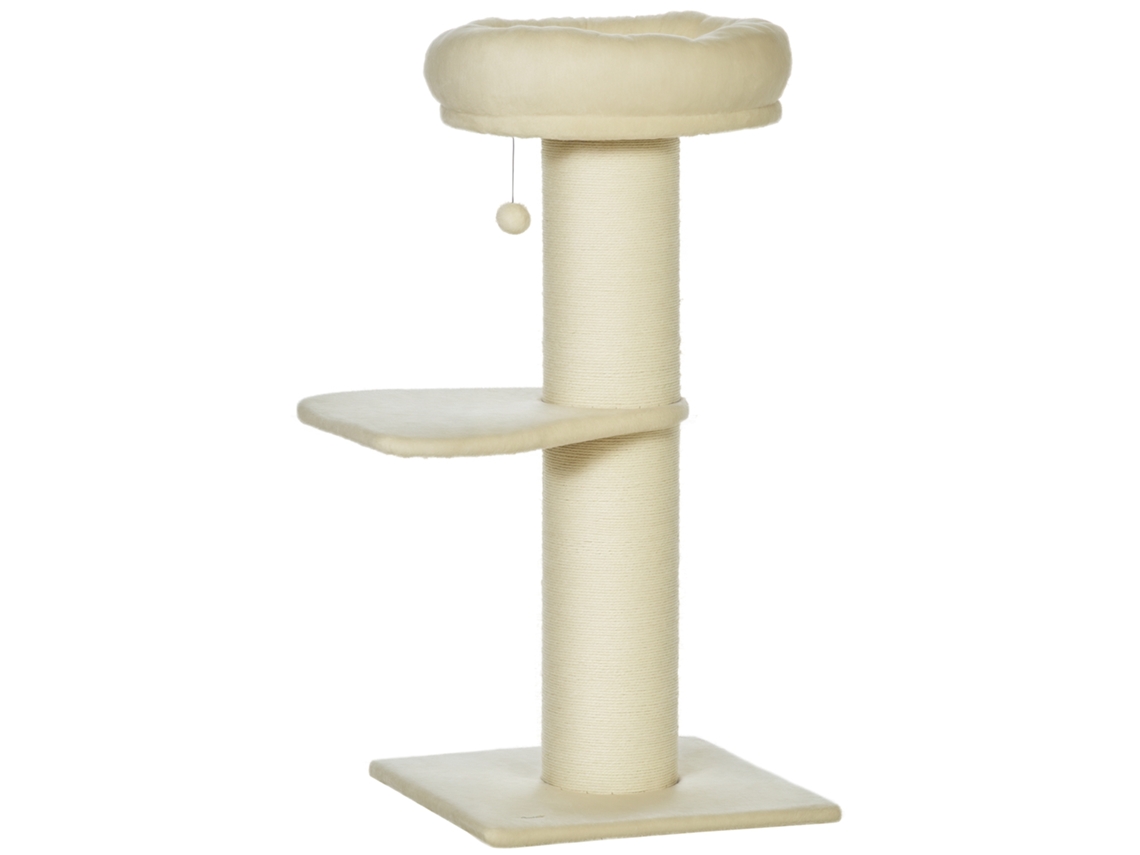 Árvore Com Poste Arranhador De Sisal Natural, 2 Plataformas, Cesto De Observação, Bola Pendurada E Brinquedo De Pelúcia Bege.