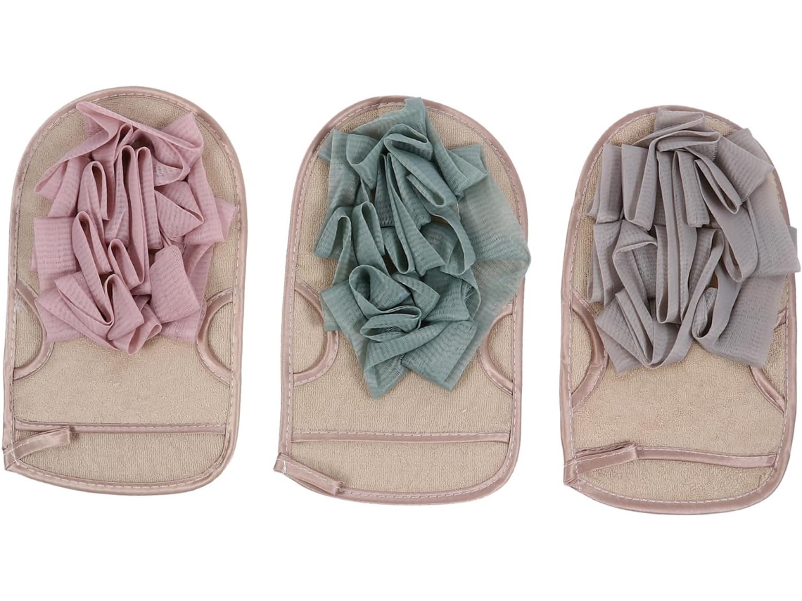 Luvas de Banho Esfoliantes, Conjunto de 3 Peças, Dupla Face, Viscose e Tído Atoalhado
