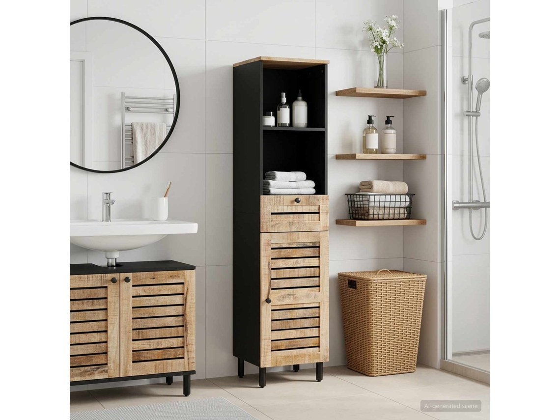 Vidaxl Armário De Banheiro Com Porta Marrom E Preto 38 X 33,5 X 160 Cm