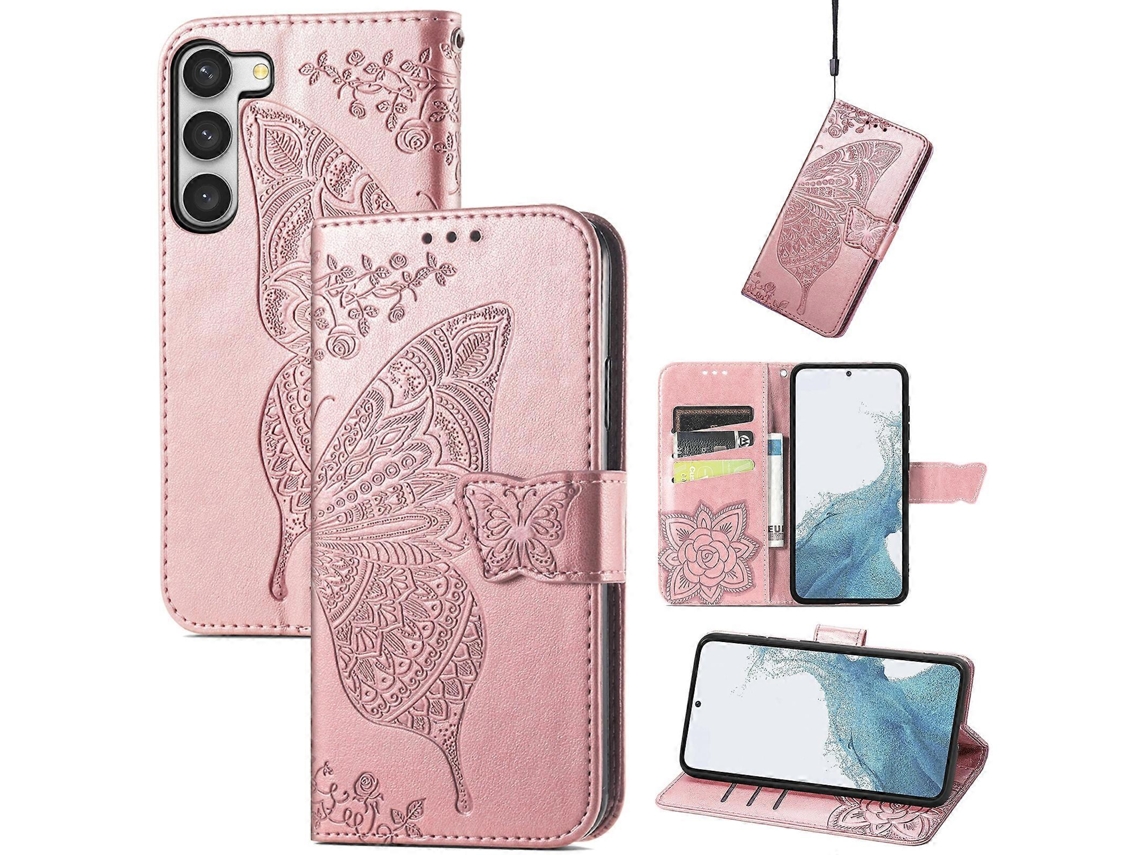 Capa De Celular Em Couro Com Estampa De Borboleta E Flor Para Samsung Galaxy S23 Ultra 5g