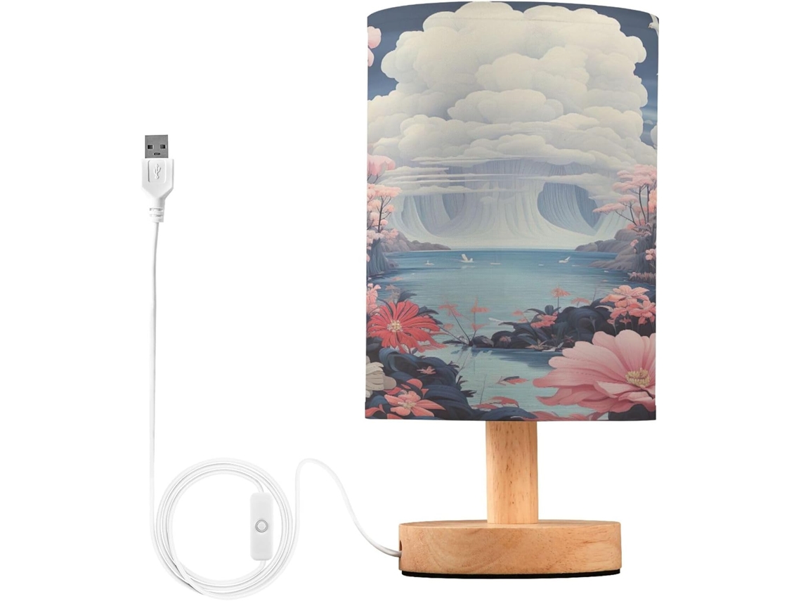 Luminária De Cabeceira Led Flower Lake Para Quarto, Luminária De Leitura Com Cúpula Tecido, Base De Madeira E Porta Usb