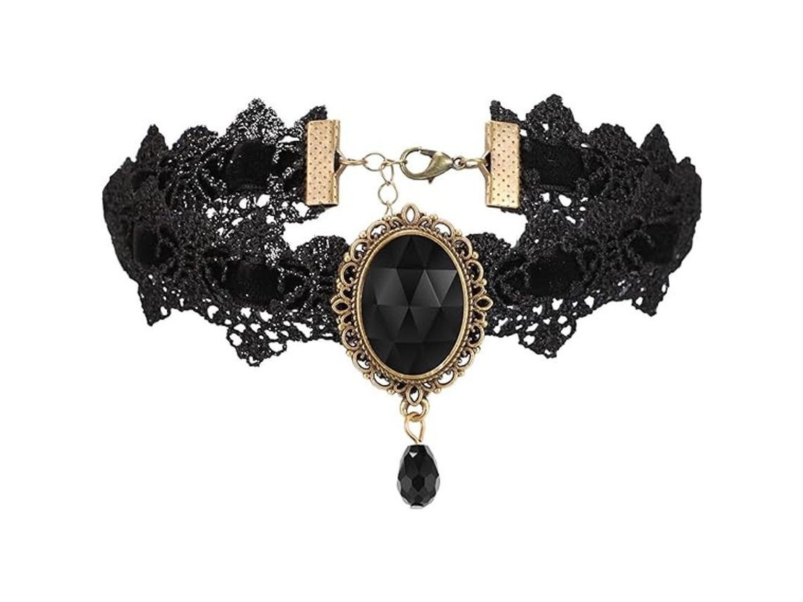 Colar Gótico de Gola Preta com Calcinha e Strass Pingente em Forma de Lacrima Punk