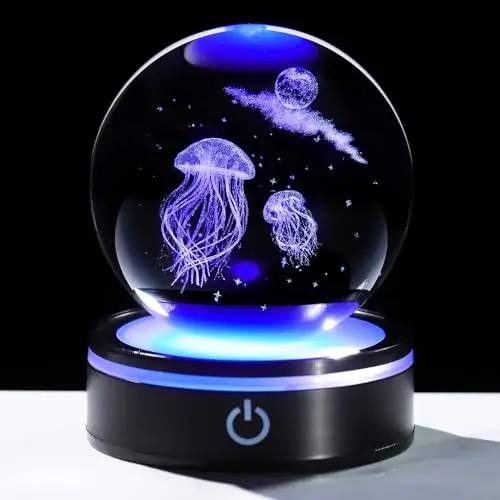Ornamento 3d de Cristal em Formato de Lua e Água viva com Base de Led Colorida MDUG (luzes Coloridas)