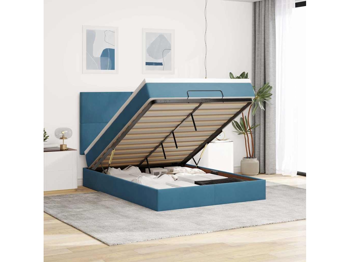 Estrutura De Cama Otomana Colchões 140x200cm Veludo Azul Escuro