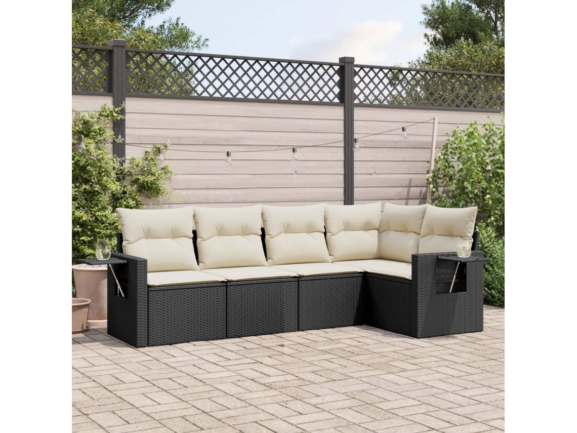 Vidaxl 5 Pcs Conjunto Sofás De Jardim Com Almofadões Vime Pe Preto