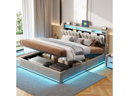 Cama De Casal, Cama Estofada 160x200 Cm, Com Armazenamento Hidráulico, Usb Tipo C, Led, Tecido De Veludo Cinza