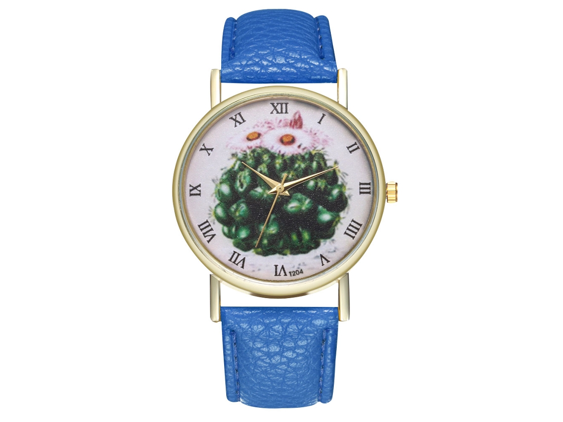 Relógio de quartzo unissex com pulseira de couro PU, mostrador com desenho de cacto, azul royal