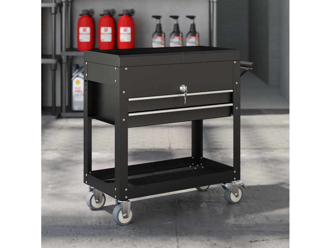 Rolling Tool Cabinet, Tool Box With Drawers, Work Surface, Lockable, With Handle, Steel, Black