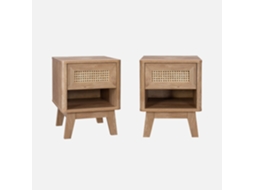Mesa de Cabeceira em Madeira e Efeito Cana com Gaveta e Nicho Set de 2 Natural SWEEEK
