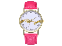 Relógio de pulso feminino analógico de quartzo com pulseira clássica de PU com padrão (vermelho e rosa)
