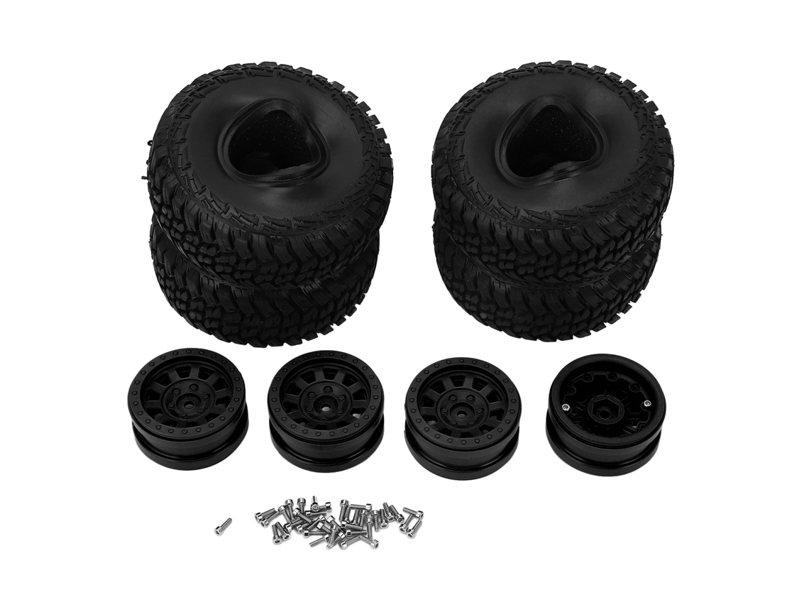 Conjunto de 4 pneus de borracha com rodas de plástico para carros RC Crawler em escala 1/10, de alto desempenho e universais, na cor preta.