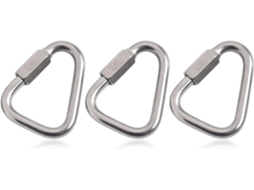 Conjunto de 3 mosquetões triangulares de aço inoxidável com trava.