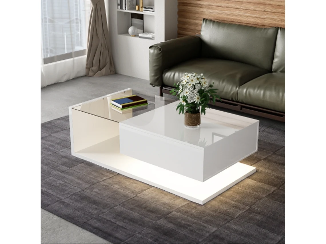 Mesa de Centro Branca BTFORUS Brilhante com Vidro e Efeito Led, Apoio para Sofá
