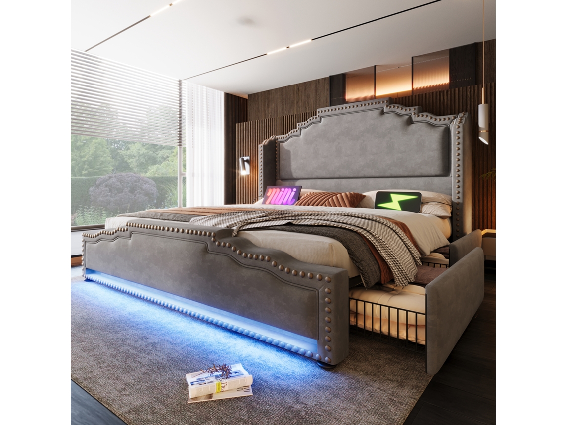 Polsterbett 140x200 Com 4 Gavetas Led E Usb-c Sem Colchão Cinza