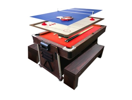 Mesa de Bilhar 7 Pés Multijogo Vermelho Air Hockey + Ping Pong - Stark com Bancos