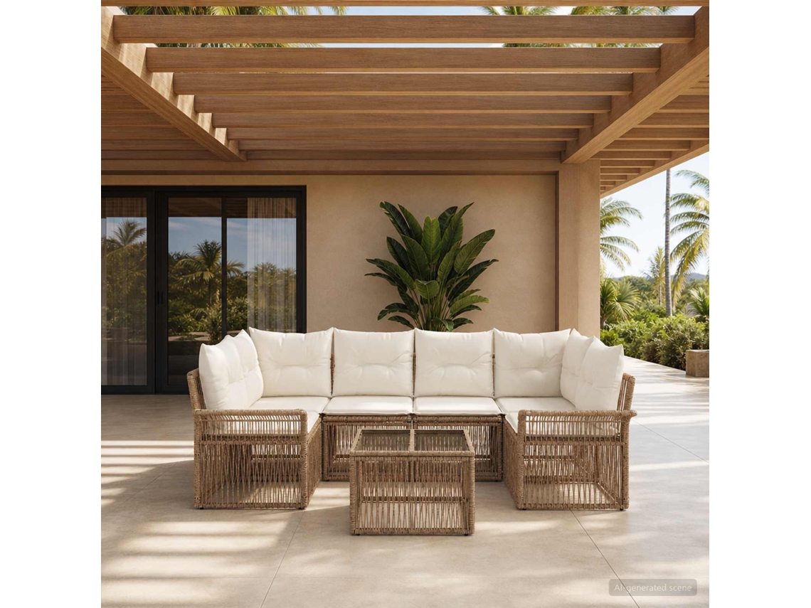 Vidaxl Conjunto De Sofá De Jardim 7 Unid. Bege Vime Pe