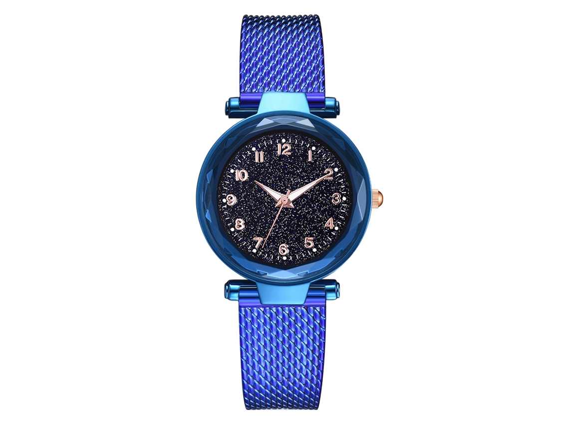 Relógio de pulso feminino de quartzo com pulseira de silicone azul, mostrador redondo, estilo casual.