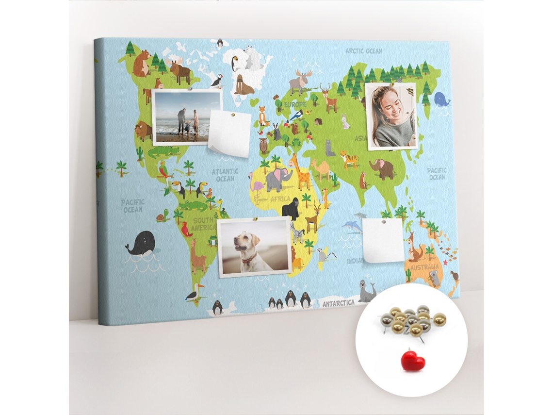 Quadro De Cortiça Com Impressão Mapa-múndi Com Animais Para O Corredor Espelharte (100x70 Cm)