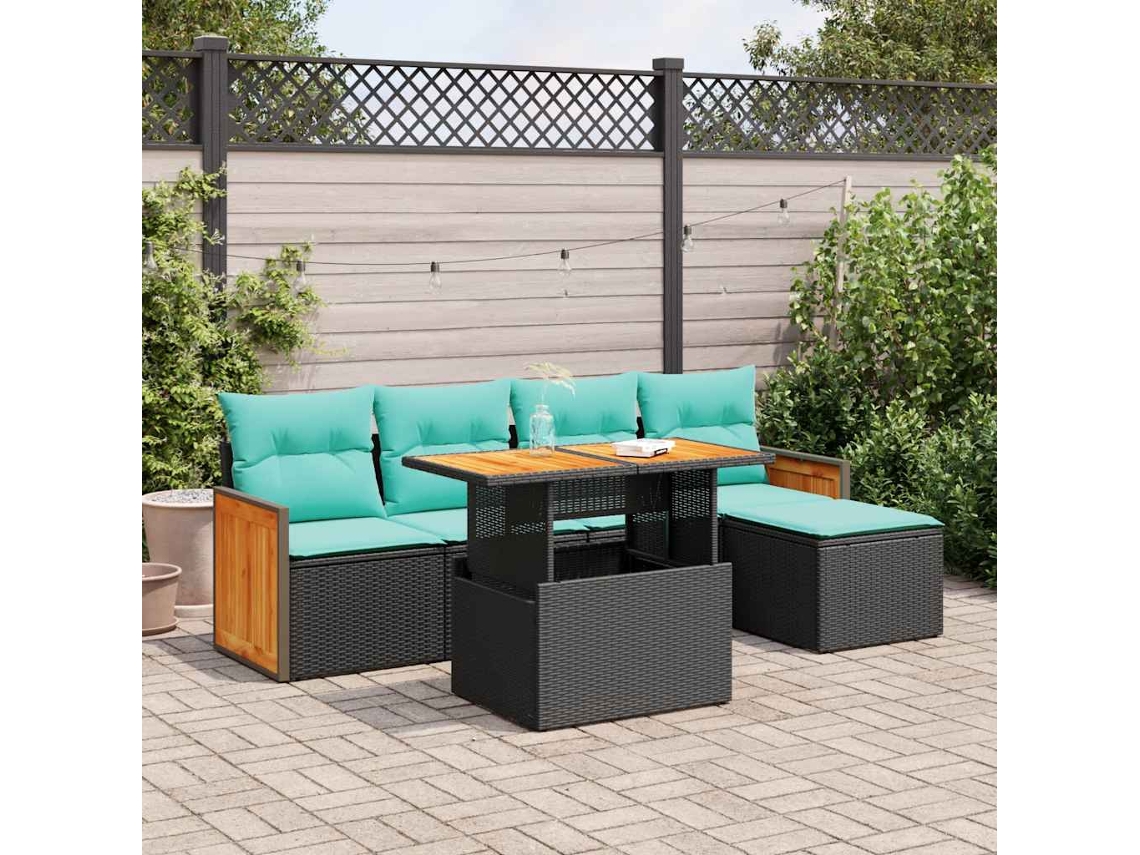 Vidaxl 6 Pcs Conjunto Sofás Jardim C/ Almofadões Vime Pe/acácia Preto