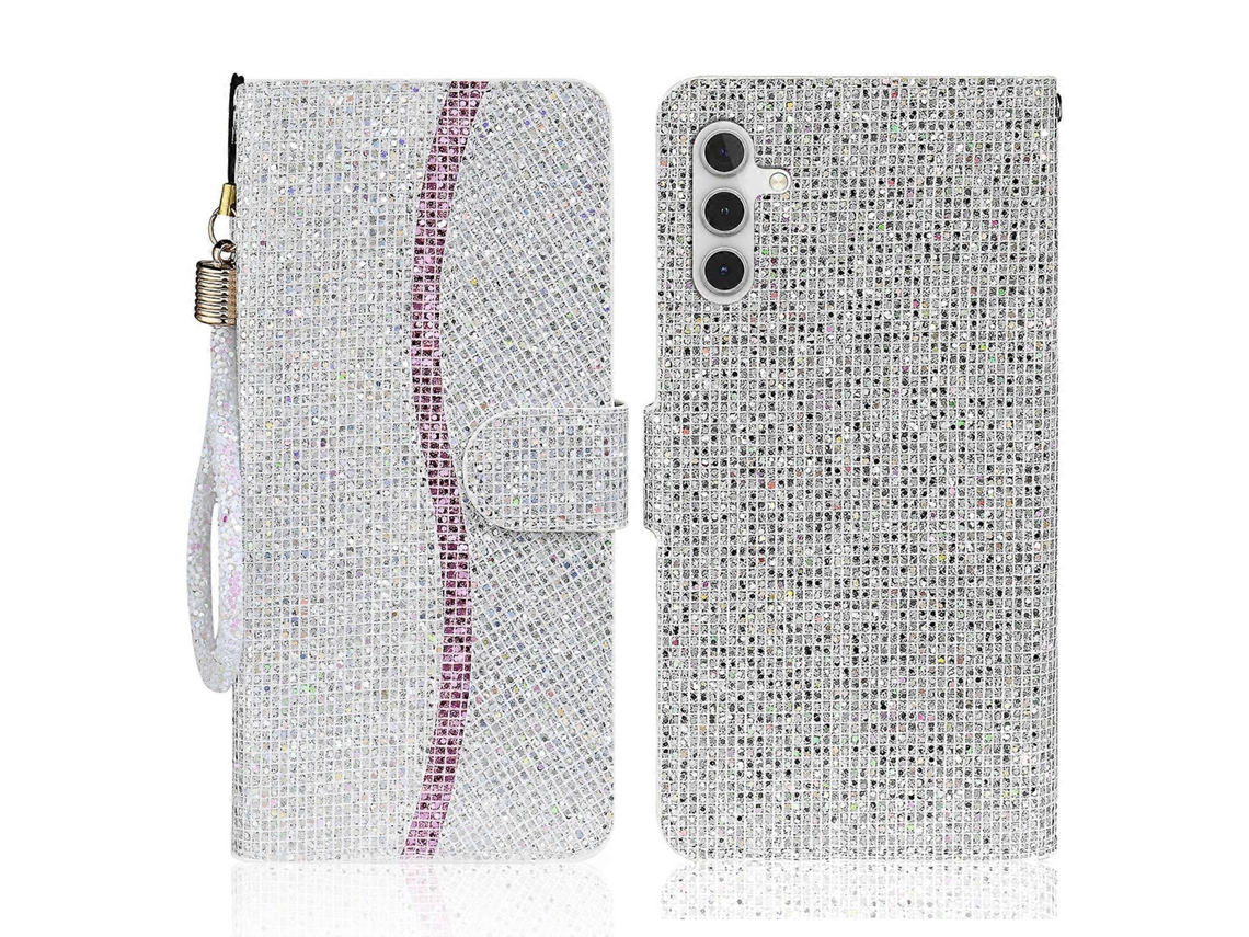 Capa Tkdaddy Para Samsung Galaxy S25 Fe, Capa De Couro Sintético Com Compartimentos Para Cartões E Glitter, Prateada