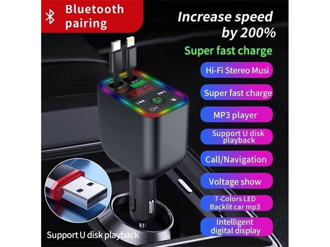 Transmissor de áudio para carro Black-y3, reprodutor de música Bluetooth com bolsa de transporte retrátil e carregador rápido para carro.