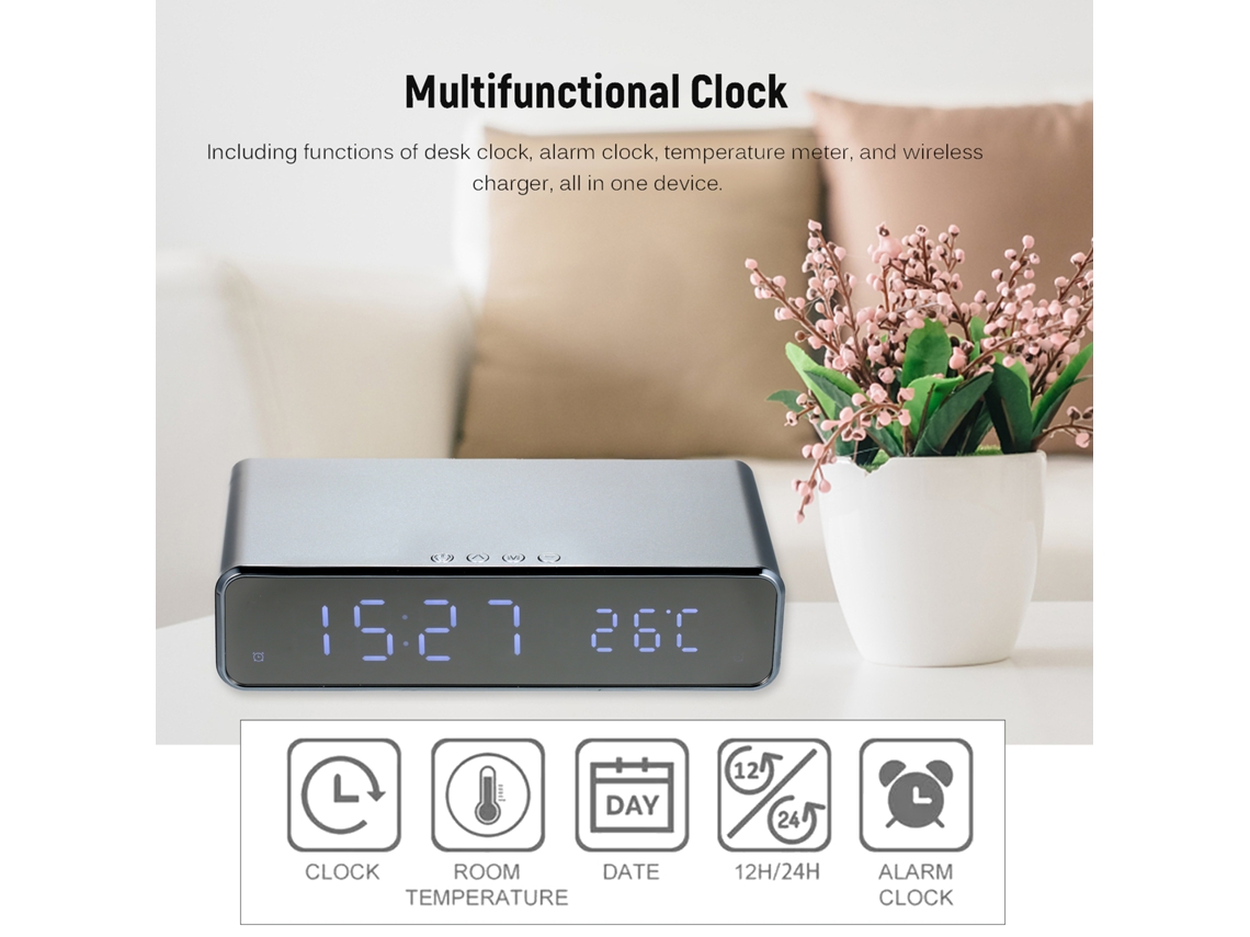 Relógio de Mesa YURU com Carregador Sem Fio, Termômetro, Despertador e Calendário
