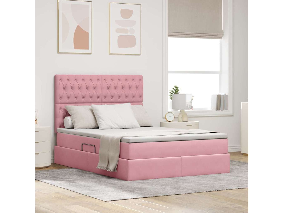 Vidaxl Cama Com Arrumação E Colchão Rosa 140 X 190 Cm Veludo