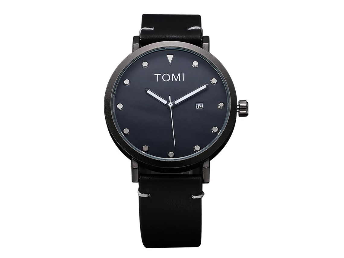 Relógio de pulso masculino Tomi com pulseira de liga metálica, mostrador redondo em PU e movimento de quartzo preto.