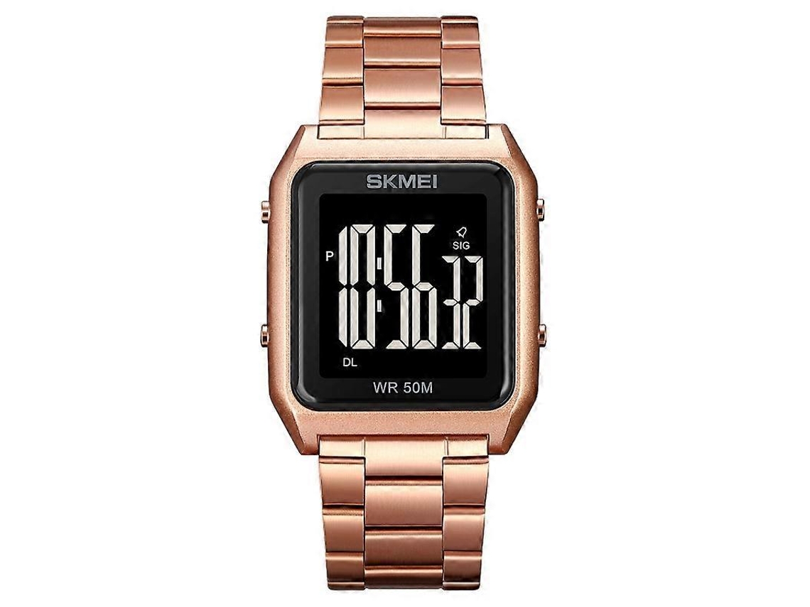 Relógio Masculino Multifuncional Skmei 1879 Com Tela Quadrada Grande, Pulseira De Aço E Luminescência El, Cor: Ouro Rosa.