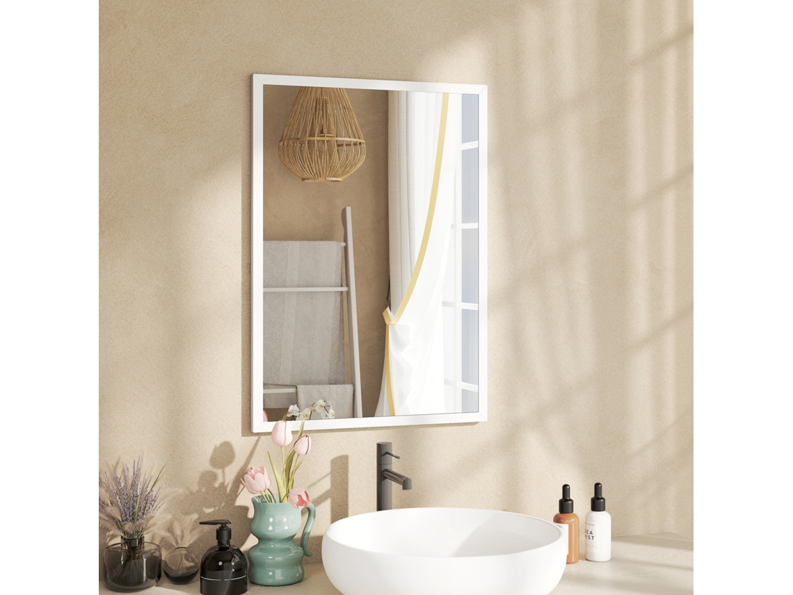 Espelho De Parede Retangular Com Ganchos, Em Vidro E Mdf, 50x70 Cm, Branco