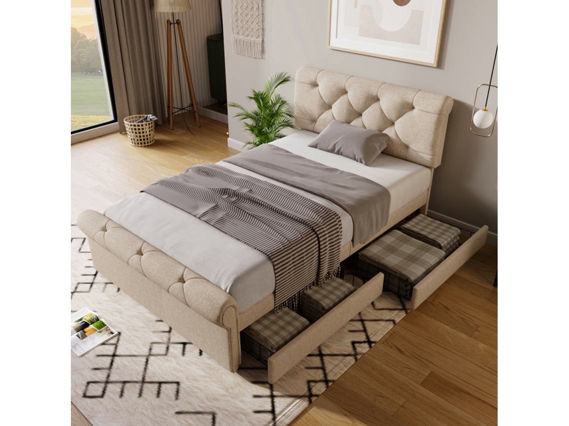 Cama Solteiro 90x200cm 2 Gavetas Cabeceira Ajustável Chesterfield