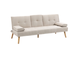 Sofá Cama de 3 Lugares com Encosto Inclinável, Mesa Dobrável, Almofadas de Braço Bege 181x77x78 cm S/MARCA