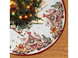 Tapete De Natal Em Formato De Árvore, 91 Cm (36 Polegadas), Com Tema De Biscoito De Gengibre, Doces E Pirulitos, Nas Cores Vermelho E Dourado.