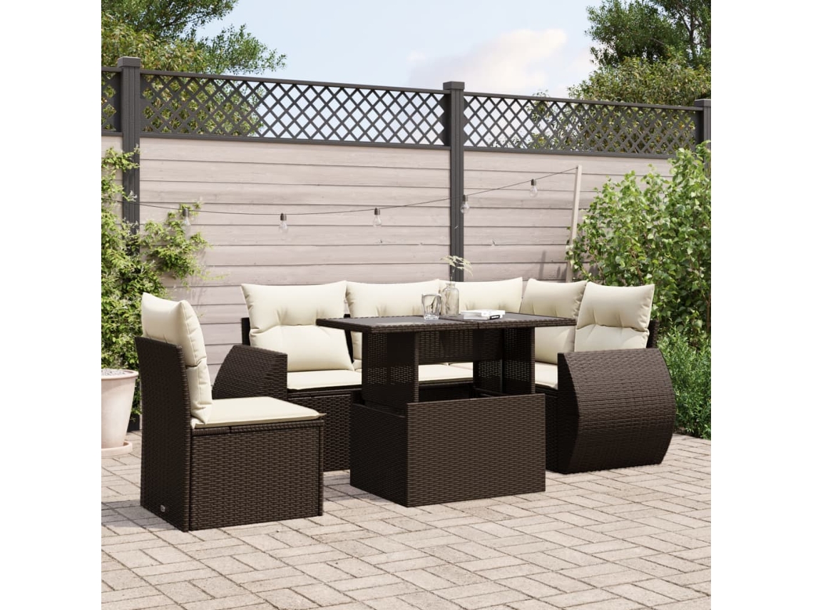 Vidaxl 6 Pcs Conjunto De Sofás Jardim C/ Almofadões Vime Pe Castanho