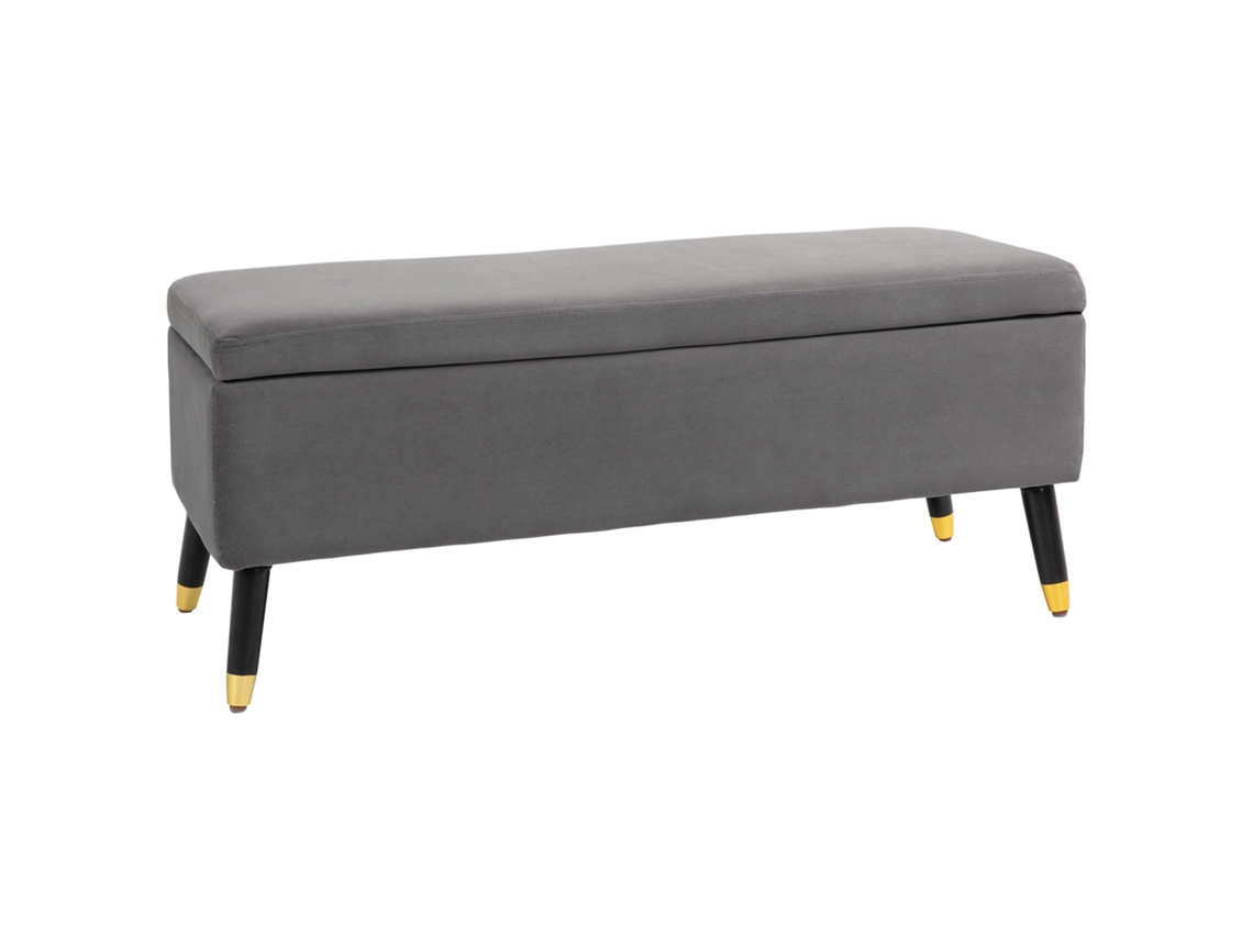 Banco Estofado Com Espaço De Armazenamento, Banco Baú, Metal, Espuma, Madeira De Seringueira, Cinza Carvão, 110 X 43 X 45 Cm