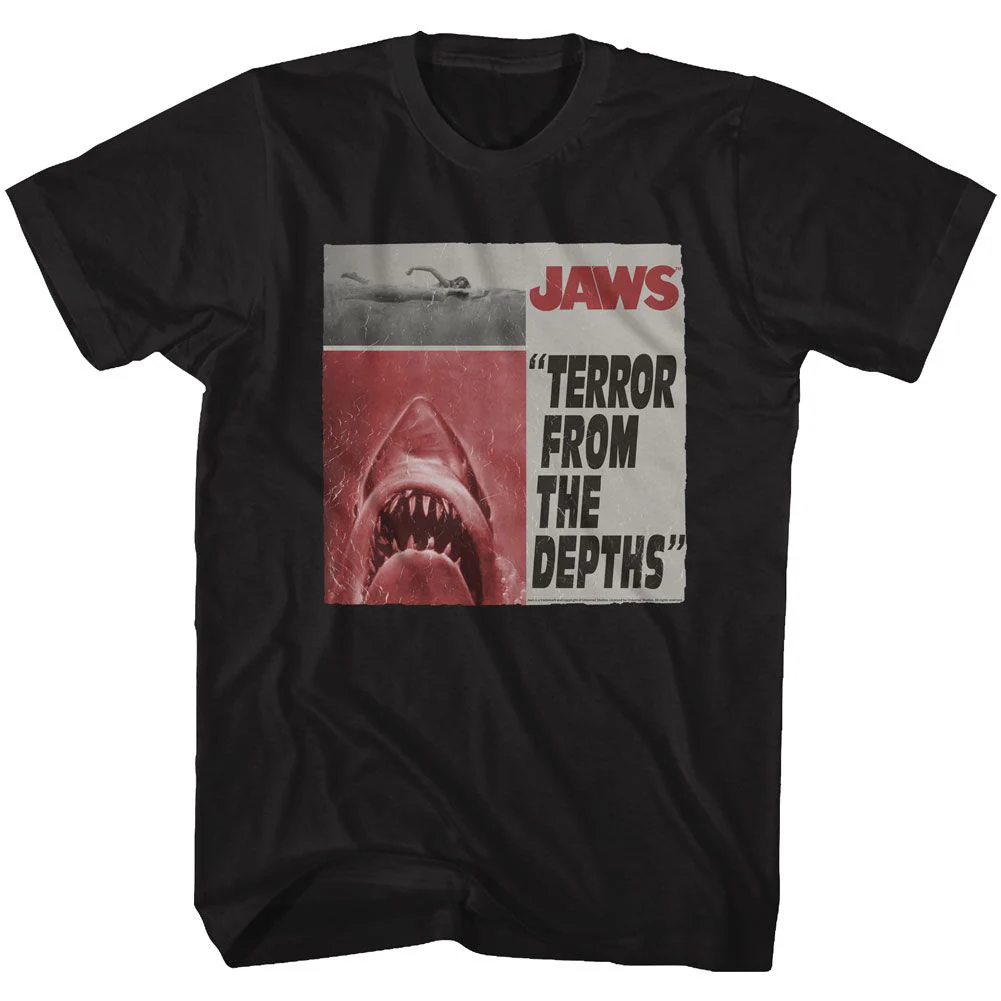 Unisex Adult T-shirt Rockinstone Jaws Movie Newspaper Black Sizel