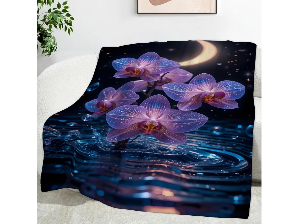Manta Lua Orquídea/phalaenopsis 130x150 Cm Multifuncional Macia Colcha de Flanela Aconchegante para Escritório