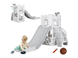 Escorrega Infantil 5 Em 1 Para Crianças Com Cesto De Basquetebol Telescópio Escalador E Inferior 70x177x92 Cm Branco E Cinza