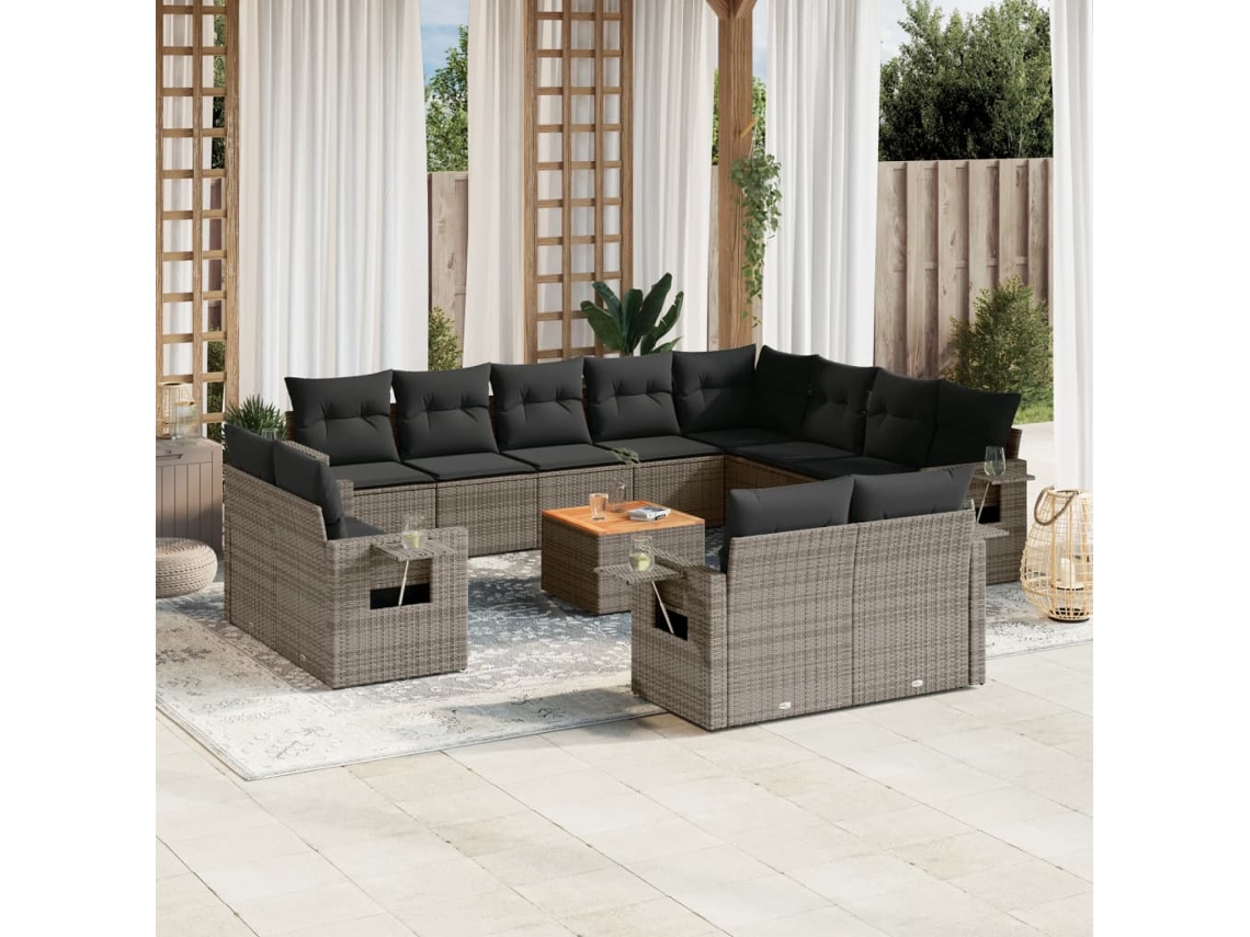 Vidaxl 13 Pcs Conjunto Sofás P/ Jardim C/ Almofadões Vime Pe Cinzento