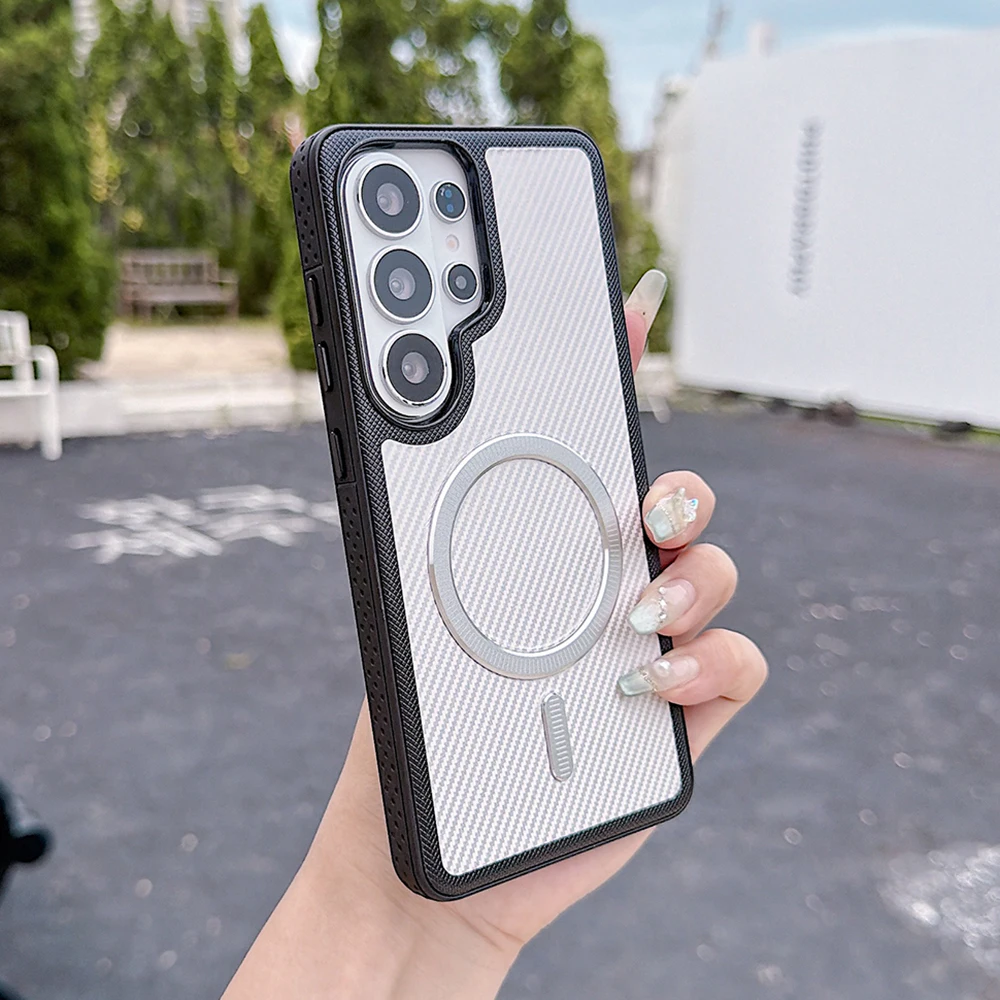 (branco S24 Ultra) Capa Protetora Rígida Magnética Magsafe De Fibra De Carbono De Alta Qualidade