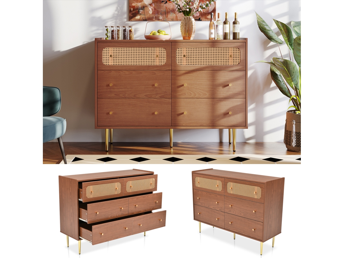 Cômoda com 6 gavetas, aparador alto em rattan para salas de estar e salas de jantar, Cor Nogueira - L90/C120/P40 cm