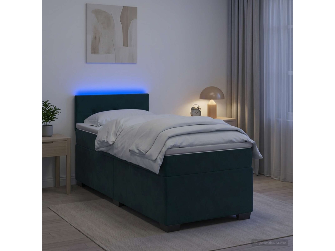 Vidaxl Cama Box Spring Com Colchão E Led Verde-escuro 90 X 200 Cm